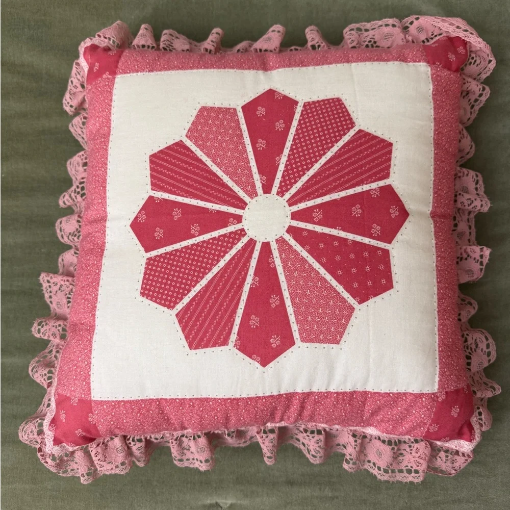 Decorative Pillow featuring a Dresden Plate quilt block design ruffled lace trim